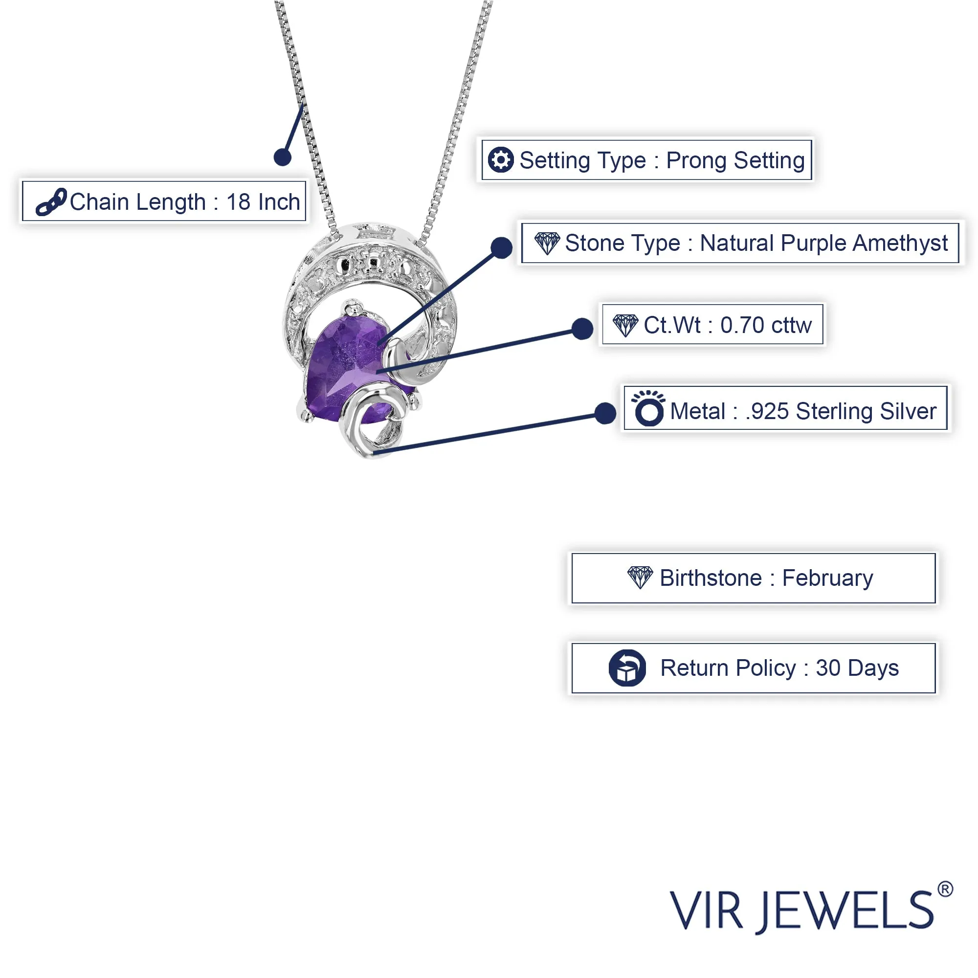 0.70 cttw Pendant Necklace, Purple Amethyst Heart Pendant Necklace for Women in .925 Sterling Silver with Rhodium, 18 Inch Chain, Prong Setting