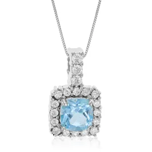 0.85 cttw Pendant Necklace, Blue Topaz Cushion Cut Pendant Necklace for Women in .925 Sterling Silver with Rhodium, 18 Inch Chain, Prong Setting