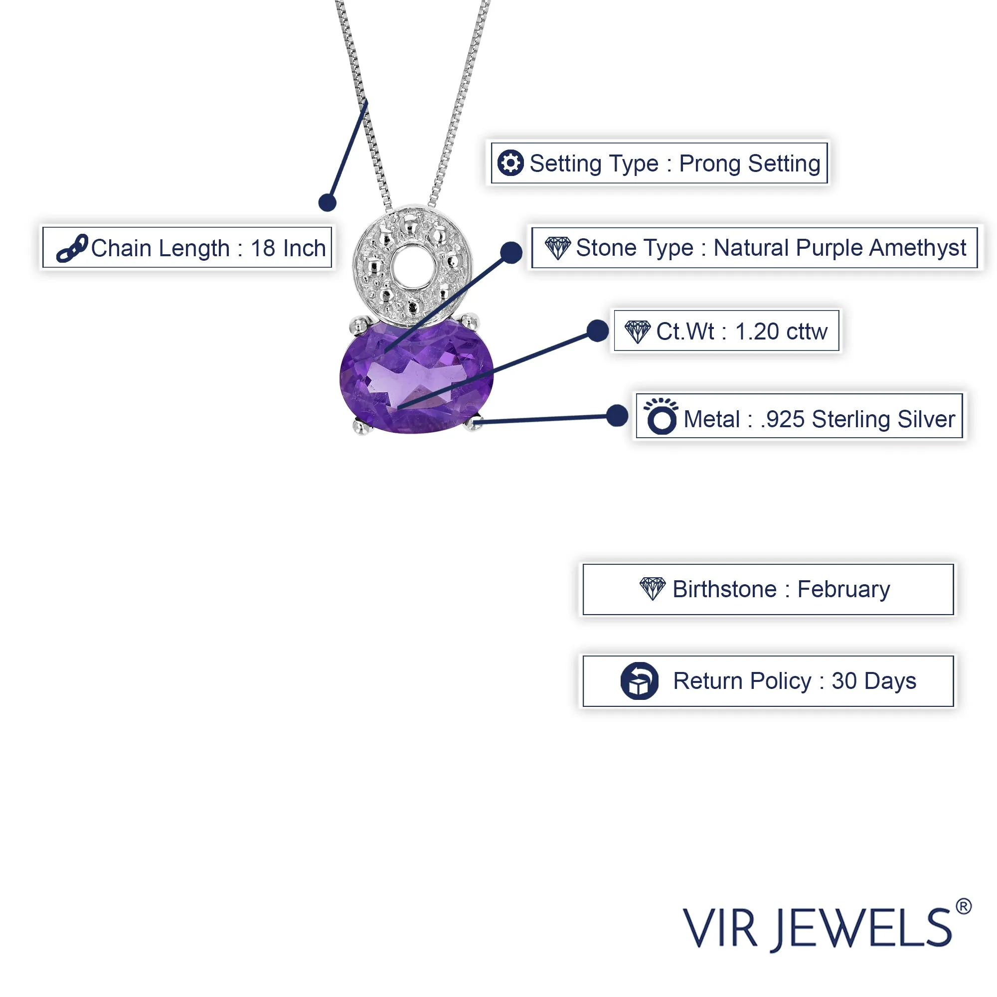 1.20 cttw Pendant Necklace, Purple Amethyst Oval Pendant Necklace for Women in .925 Sterling Silver with Rhodium, 18 Inch Chain, Prong Setting