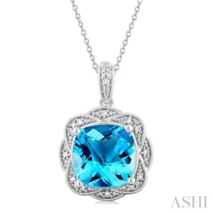 1/20 ctw Cushion Shape 10X10 MM Blue Topaz and Round Cut Diamond Semi Precious Pendant With Chain in Sterling Silver