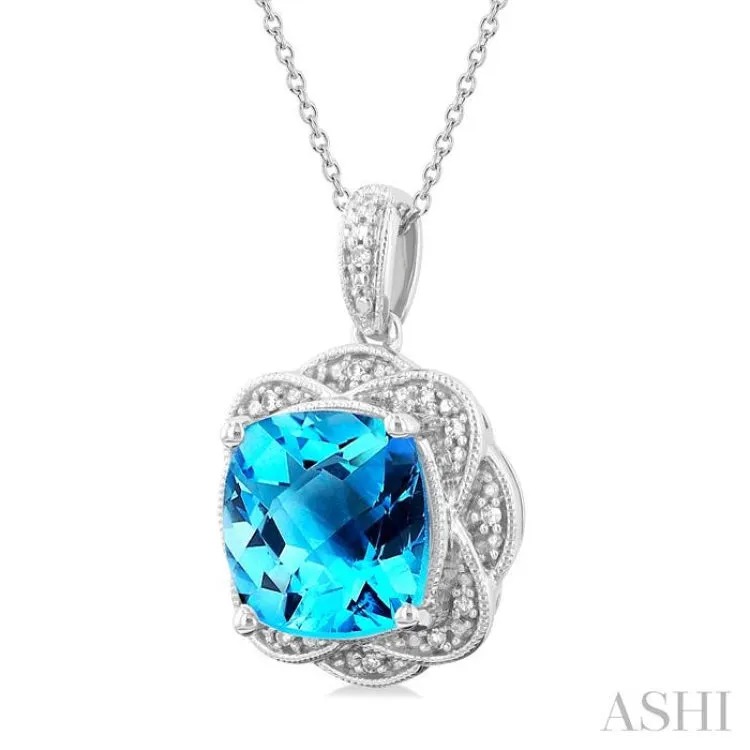 1/20 ctw Cushion Shape 10X10 MM Blue Topaz and Round Cut Diamond Semi Precious Pendant With Chain in Sterling Silver