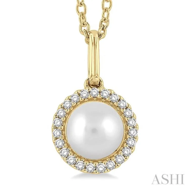 1/20 ctw Petite Round Cut Diamond Halo and 6X6MM Cultured Pearl Fashion Pendant With Chain in 10K Yellow Gold