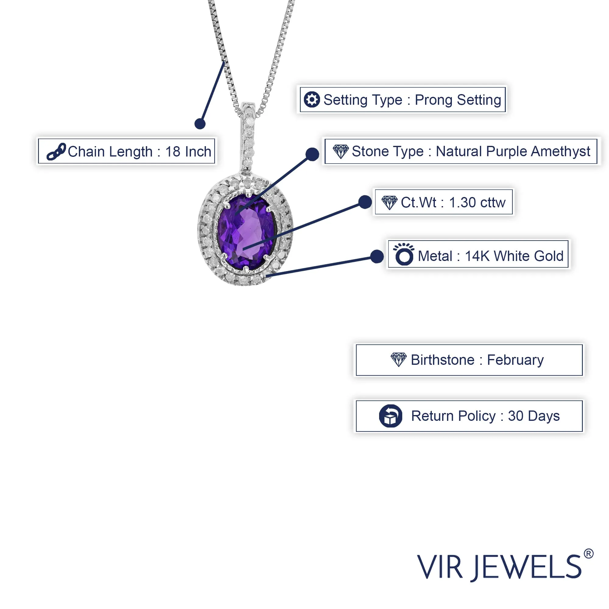 1.30 cttw Diamond Pendant, Amethyst and Diamond Pendant Necklace for Women in 14K White Gold with 18 Inch Chain, Prong Setting