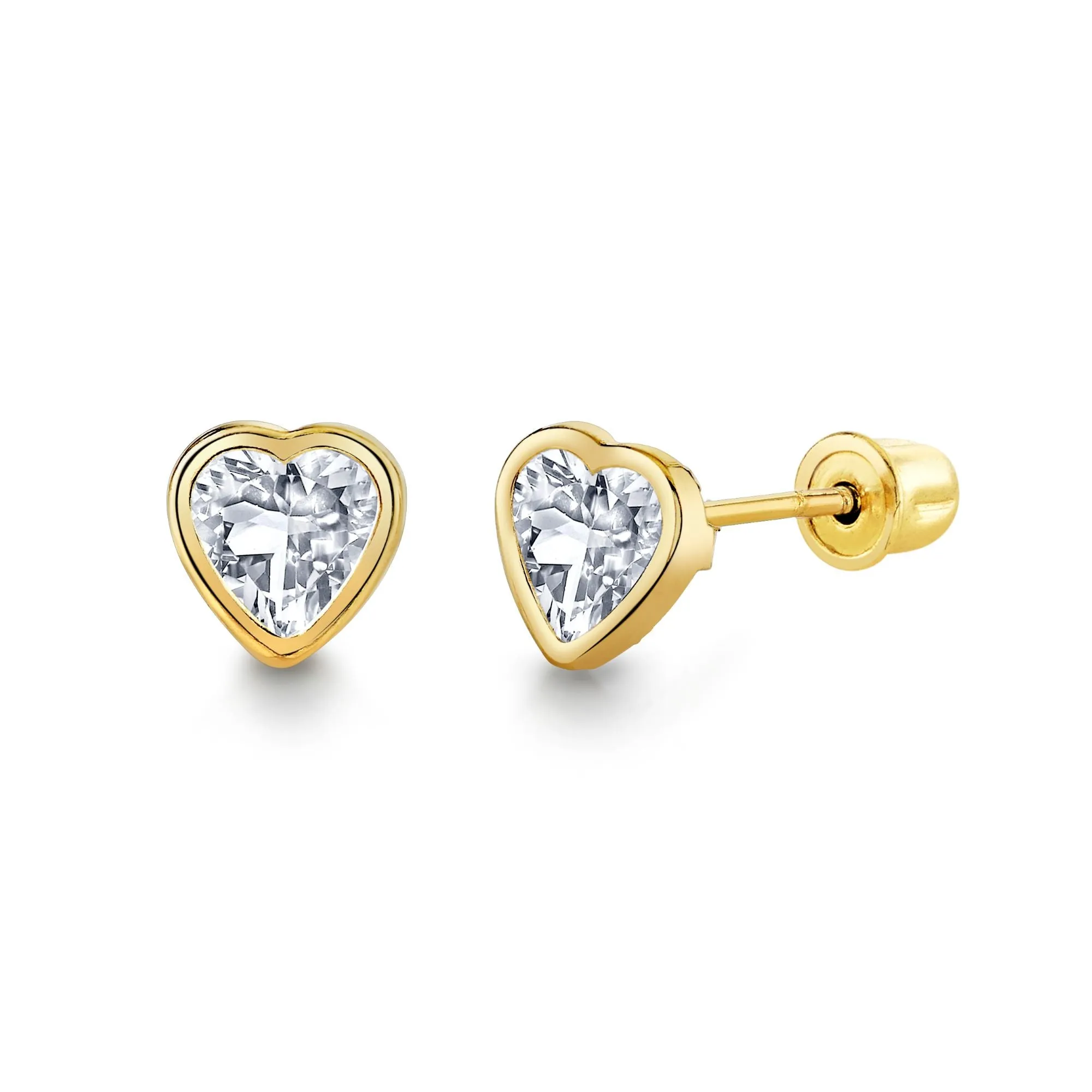 14K Solid Gold Simulated Diamond Heart Bezel Screw-Back Stud Earrings CZ