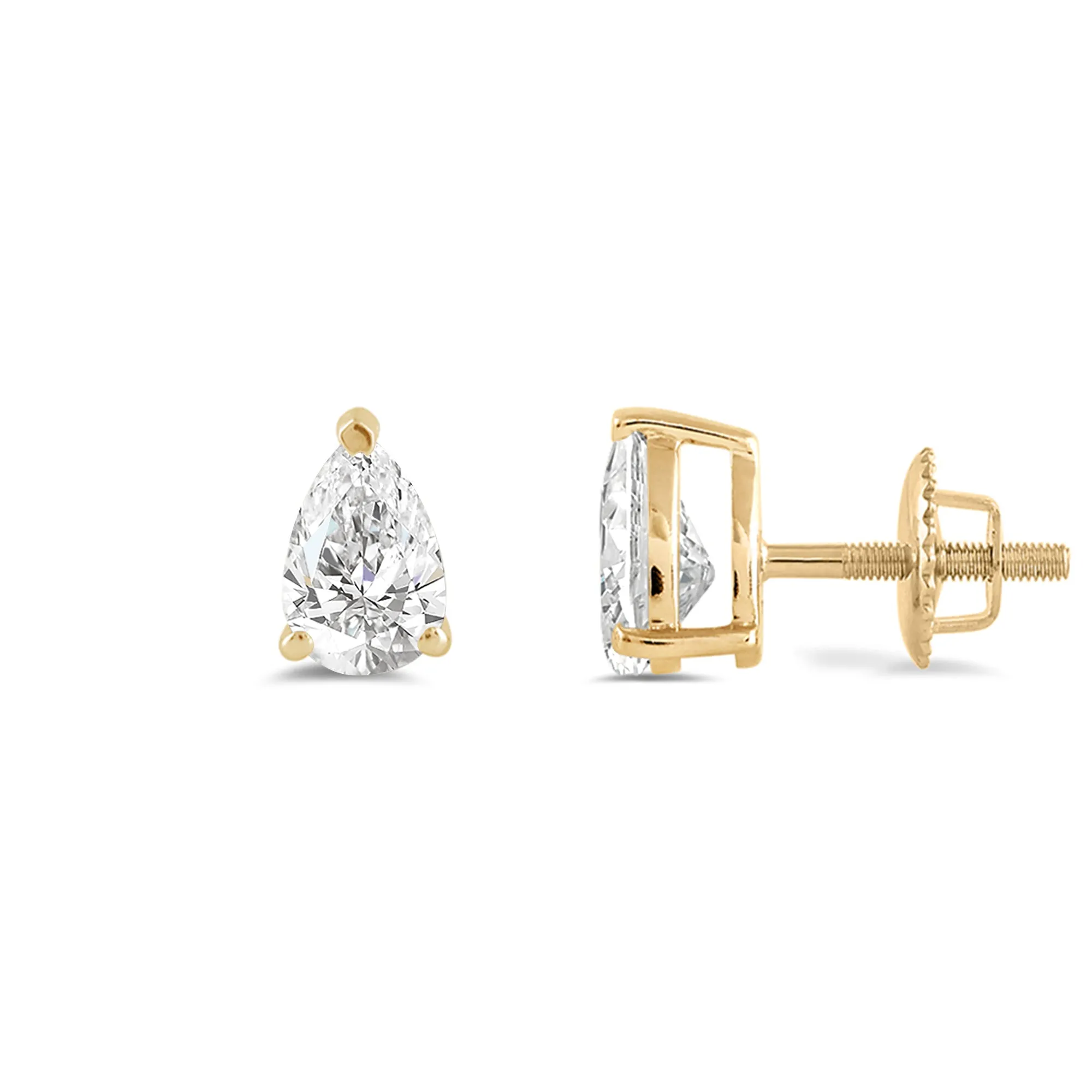 14K Solid Yellow Gold Solitaire Stud Earrings | Pear Cut Cubic Zirconia | Screw Back Posts | 1.0 CTW | With Gift Box