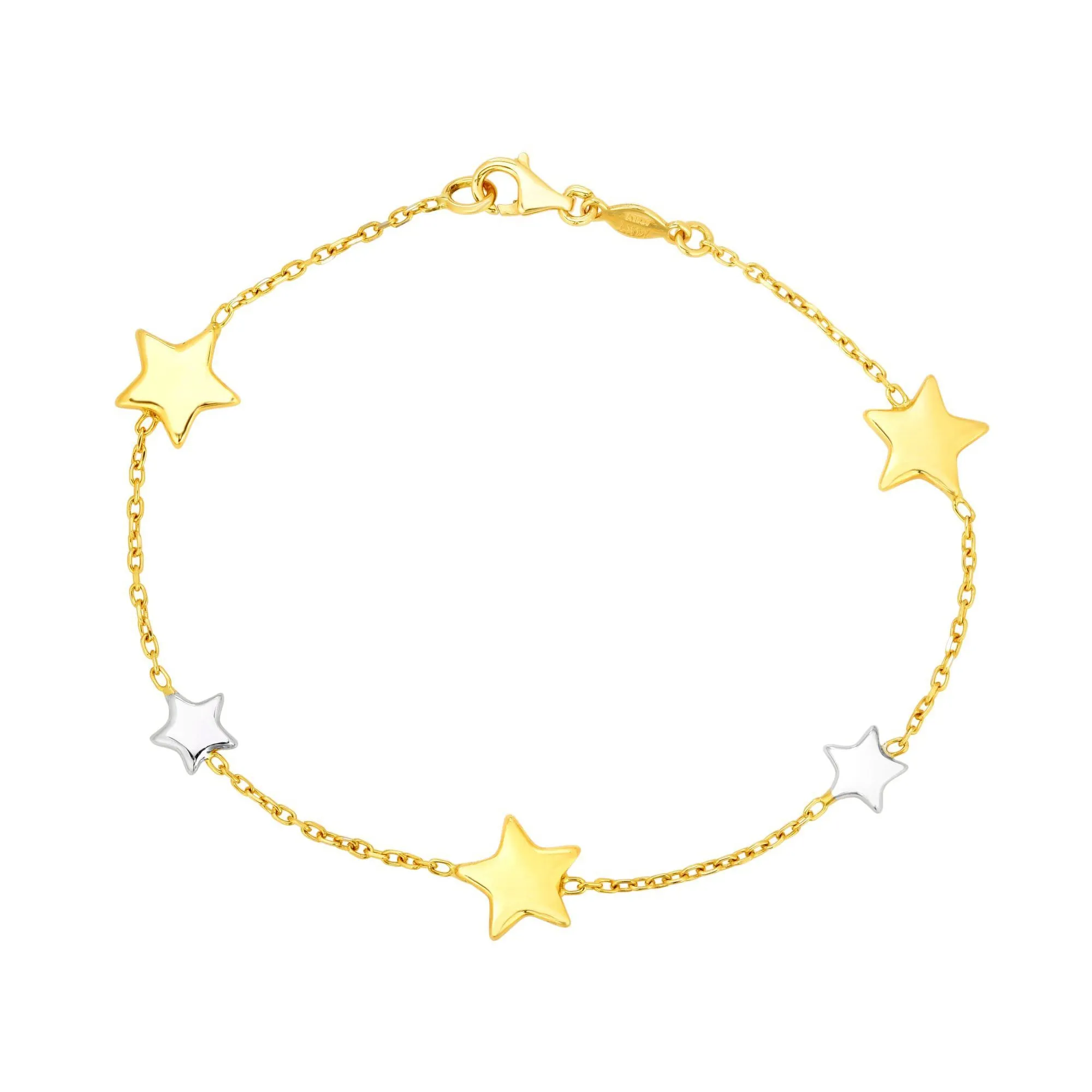 14k Yellow And White Gold Star Charms Bracelet, 7.25