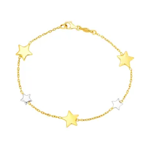 14k Yellow And White Gold Star Charms Bracelet, 7.25