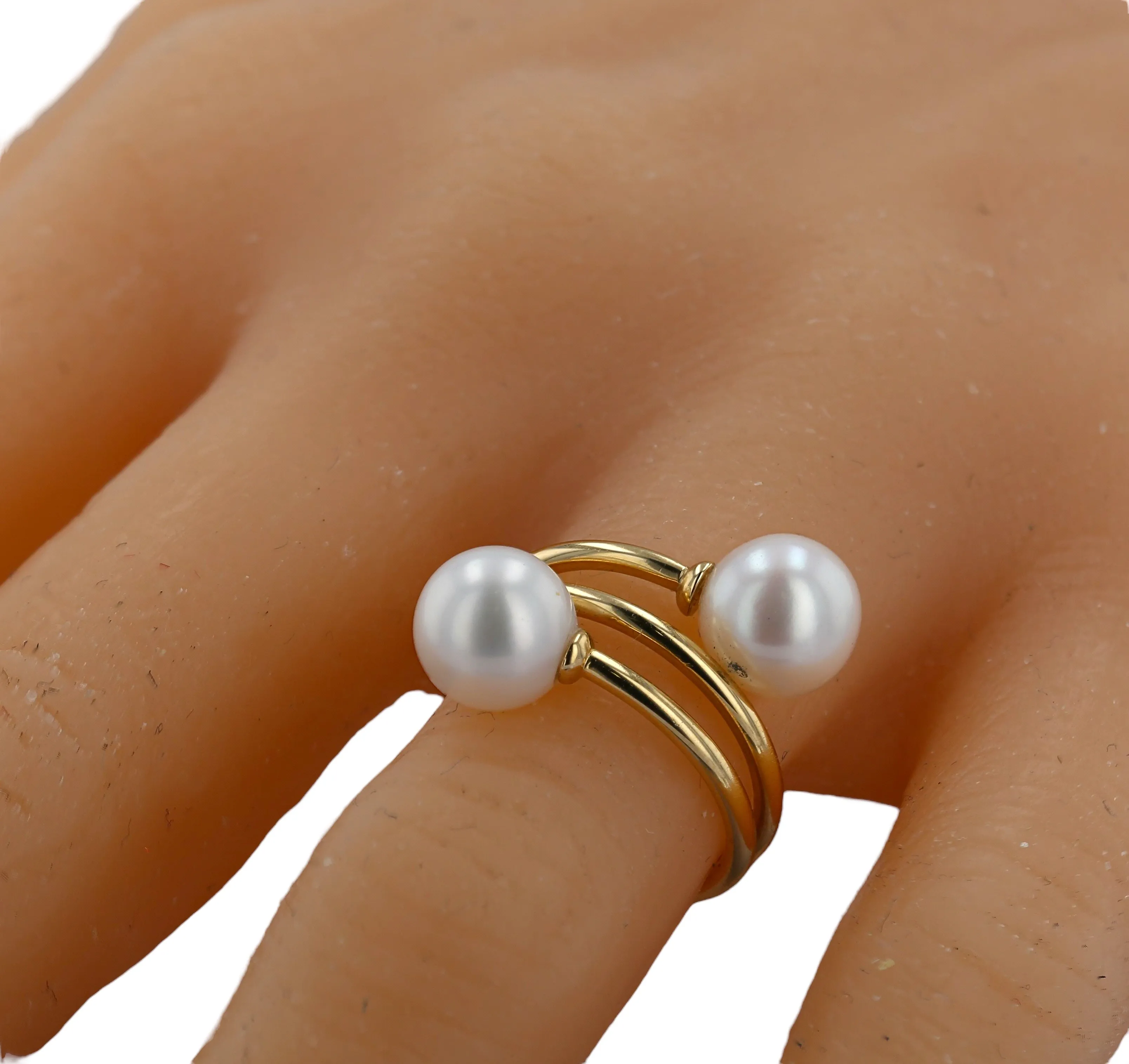 14K Yellow gold two pearls ring-210410