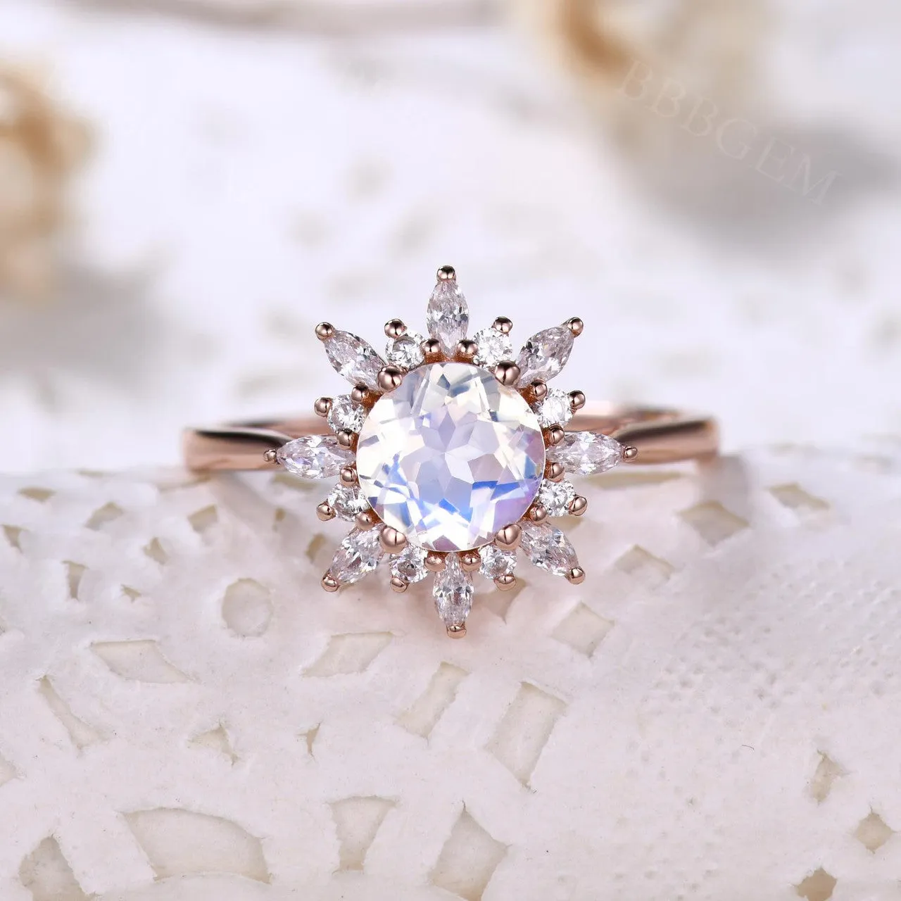 14K/18K Floral Moonstone And Moissanite Diamond Engagement Ring Unique