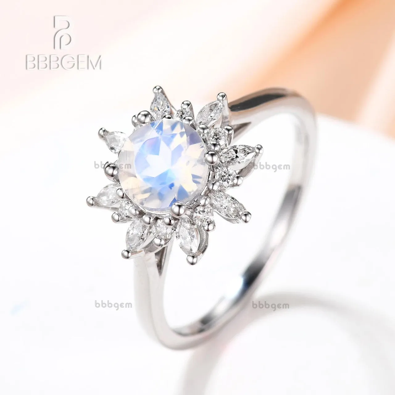 14K/18K Floral Moonstone And Moissanite Diamond Engagement Ring Unique