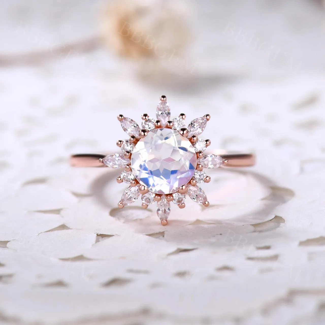 14K/18K Floral Moonstone And Moissanite Diamond Engagement Ring Unique