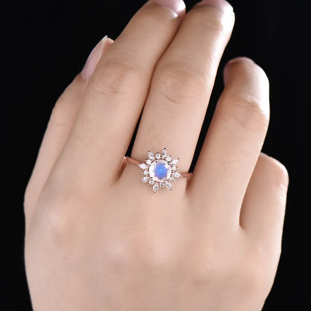 14K/18K Floral Moonstone And Moissanite Diamond Engagement Ring Unique