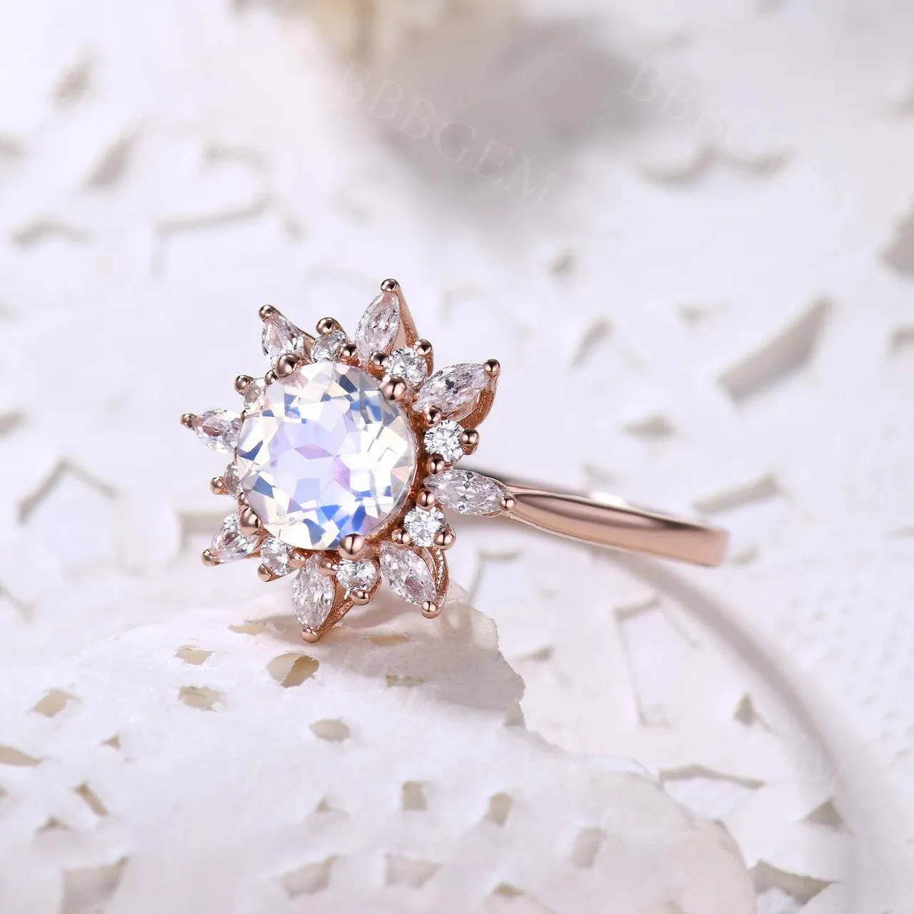 14K/18K Floral Moonstone And Moissanite Diamond Engagement Ring Unique