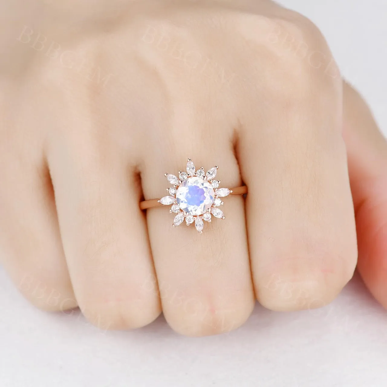 14K/18K Floral Moonstone And Moissanite Diamond Engagement Ring Unique