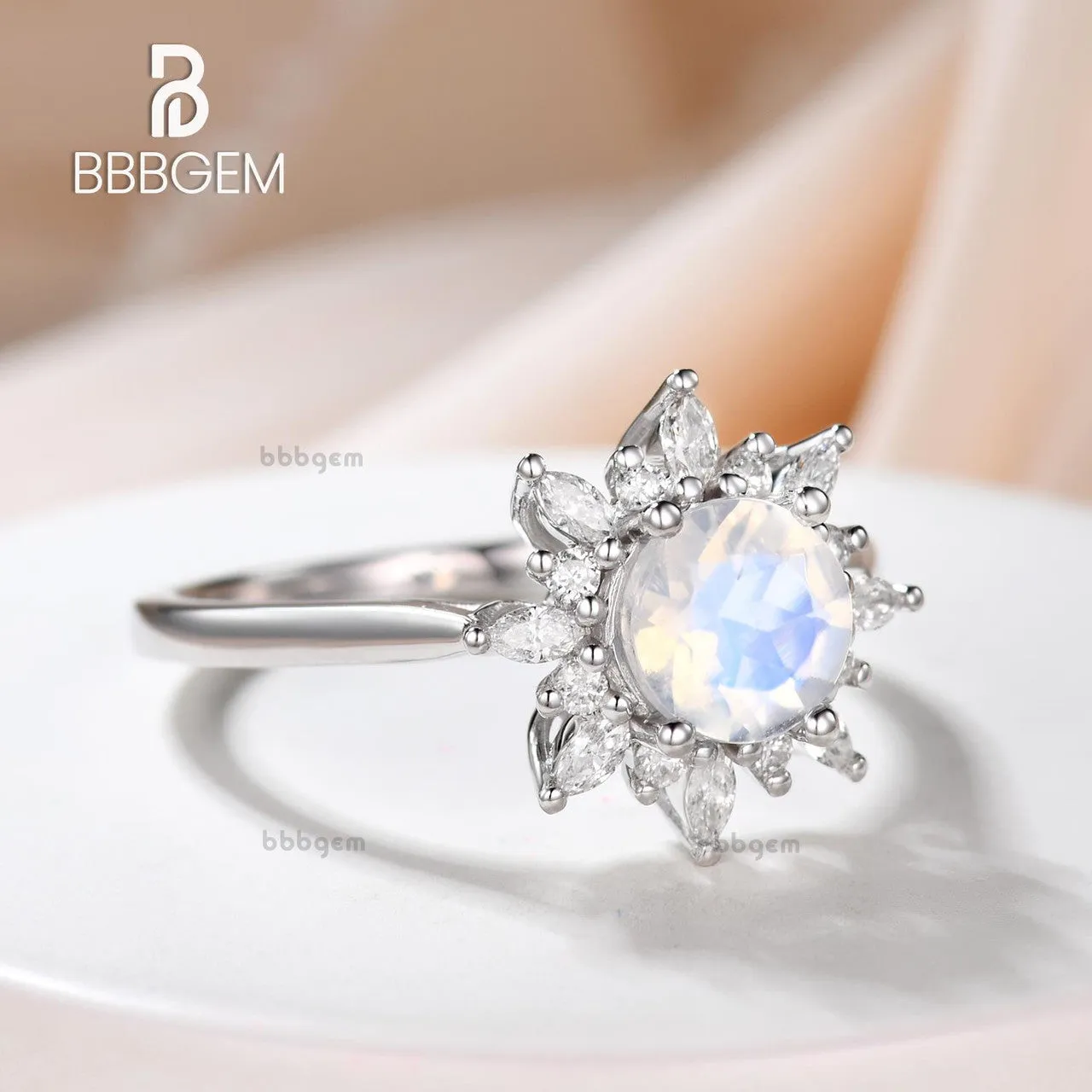 14K/18K Floral Moonstone And Moissanite Diamond Engagement Ring Unique