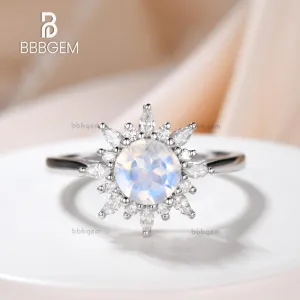 14K/18K Floral Moonstone And Moissanite Diamond Engagement Ring Unique