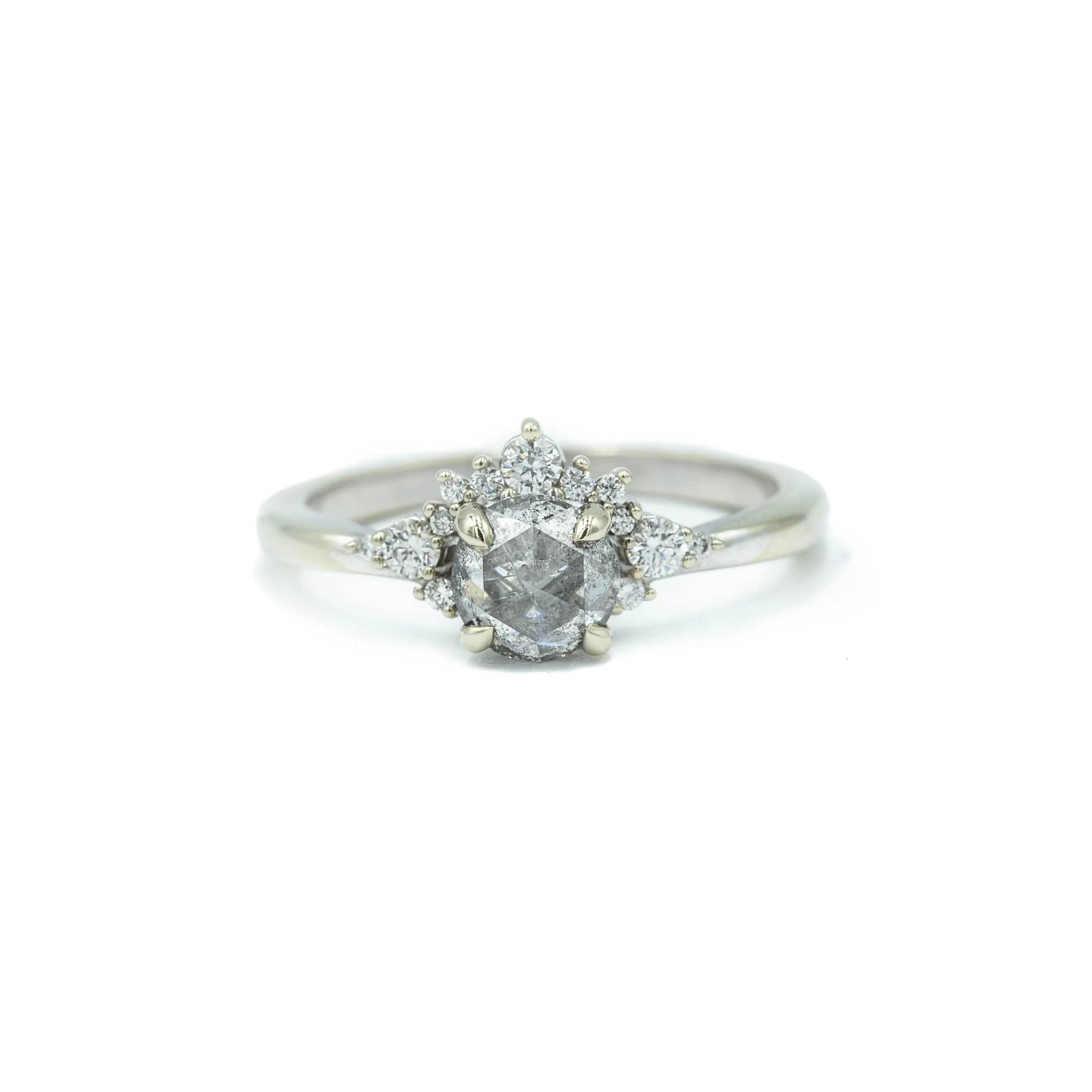 14kw .90ct Round Rose-cut Salt & Pepper Asymmetrical Halo Diamond Ring