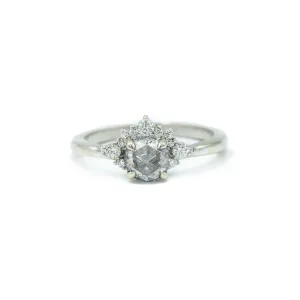 14kw .90ct Round Rose-cut Salt & Pepper Asymmetrical Halo Diamond Ring