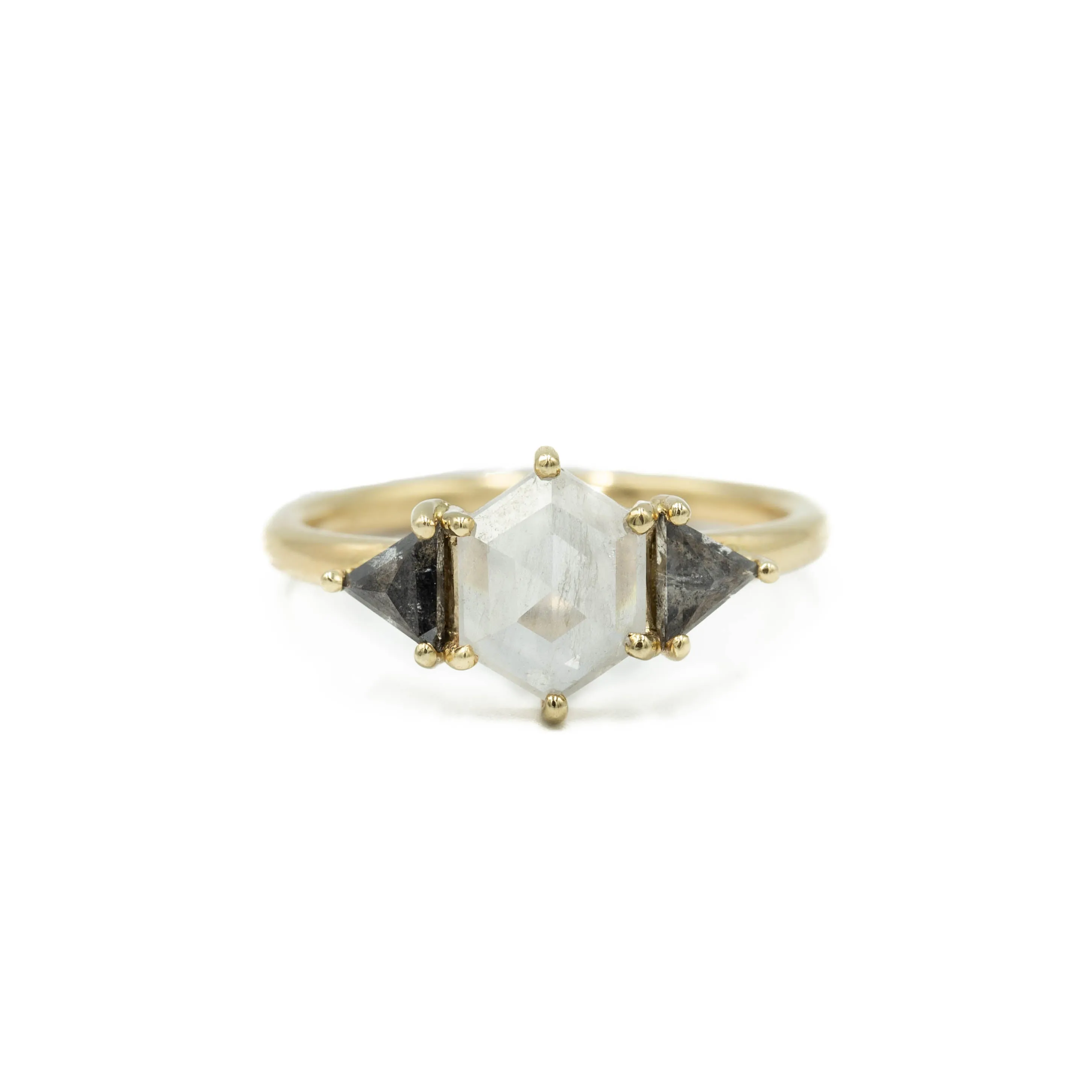 14ky 1.31ct Moon Hexagon with Trillion Salt & Pepper Diamond Ring