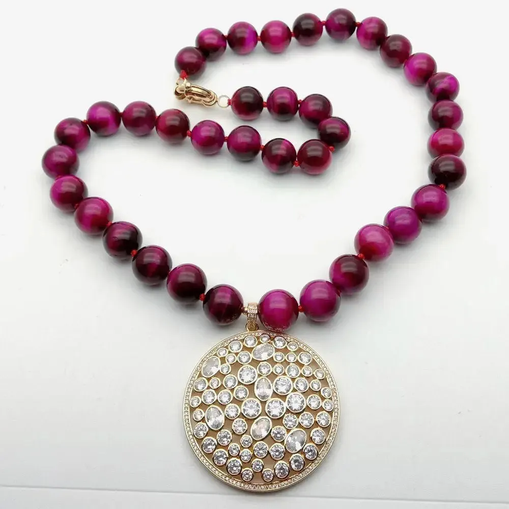 14mm Round Fuchsia Tiger Eye Gemstone Necklace with CZ Pendant