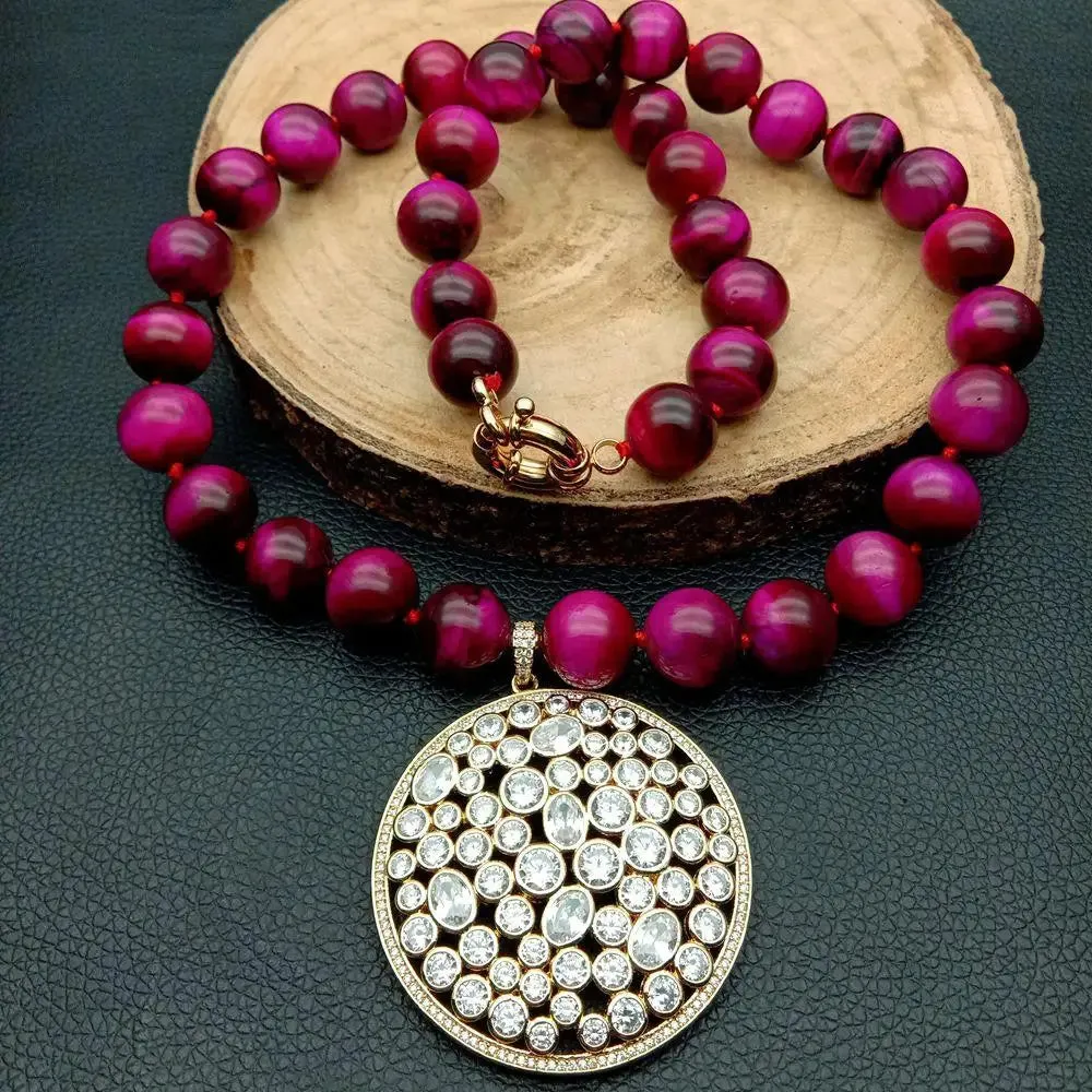 14mm Round Fuchsia Tiger Eye Gemstone Necklace with CZ Pendant