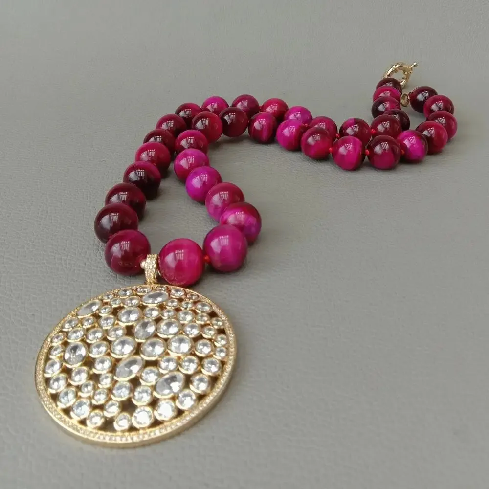 14mm Round Fuchsia Tiger Eye Gemstone Necklace with CZ Pendant