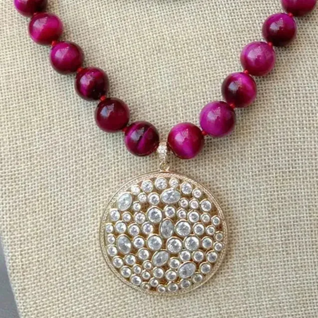 14mm Round Fuchsia Tiger Eye Gemstone Necklace with CZ Pendant