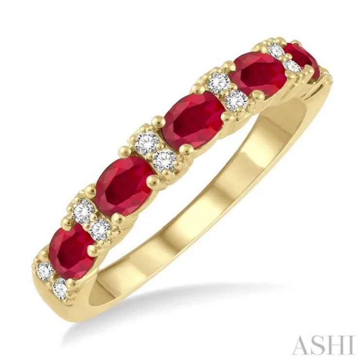 1/6 ctw Oval Shape 4x3MM Ruby and Round Cut Diamond Precious Band in 14K Yellow Gold