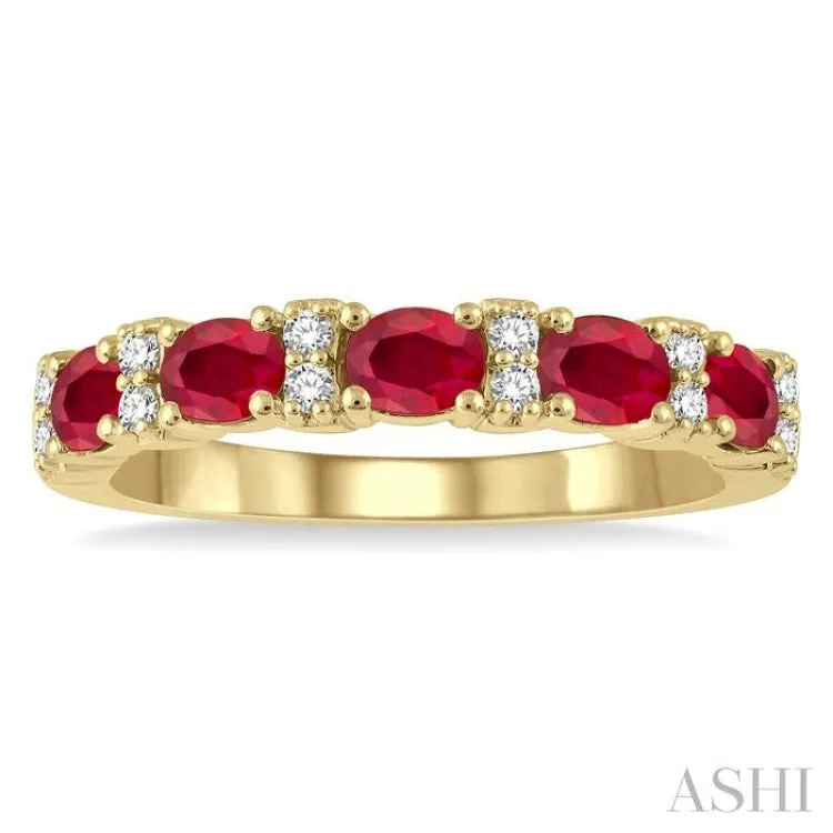 1/6 ctw Oval Shape 4x3MM Ruby and Round Cut Diamond Precious Band in 14K Yellow Gold