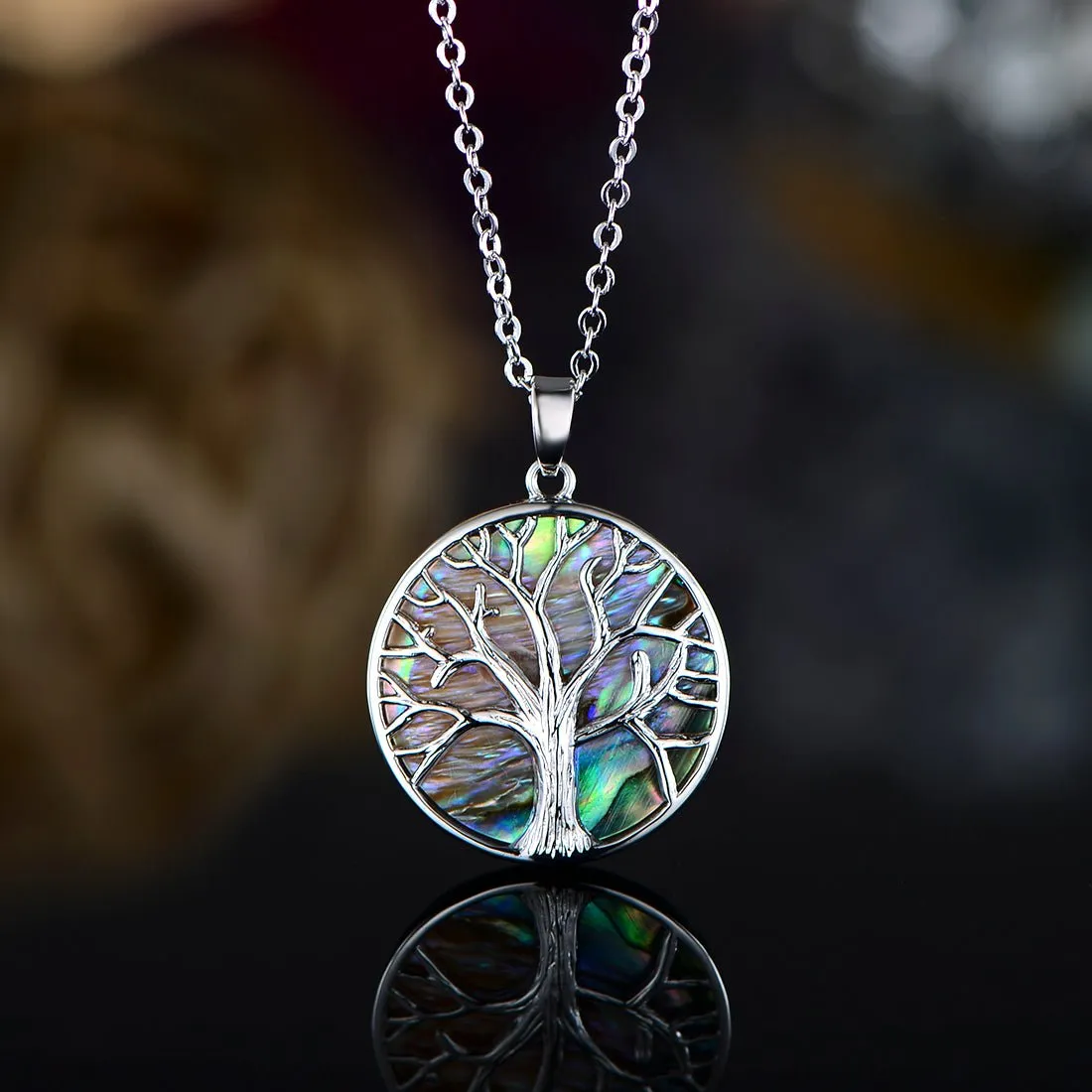 18K White Gold Plated Abalone Tree of Life Necklace