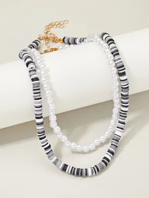 2pcs Black and White Faux Pearl Beaded Necklace for Women Girls Accessories