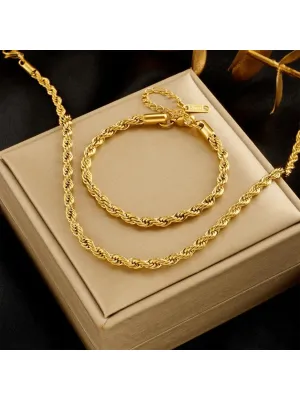 2pcs Stainless Steel Gold Color Chain Necklace Bracelets For Women Girl Fashion Non-Fading Lady Jewelry Set Accessories