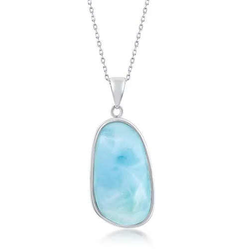 925 Sterling Silver Hawaii Natural Larimar Gemstone High Polished Irregular Shape 18’’ Pendant Necklace