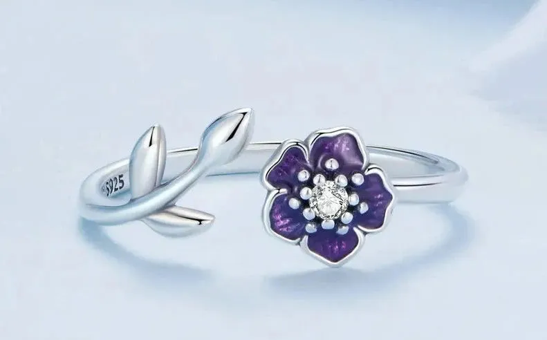 925 Sterling Silver Purple Flower Ring