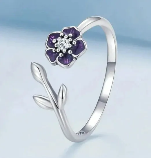 925 Sterling Silver Purple Flower Ring