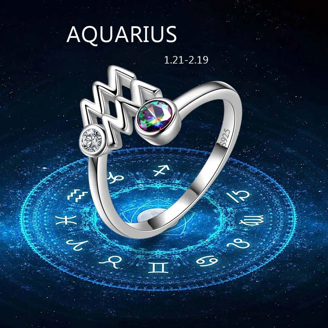 Aquarius Zodiac Rings Women Girls Jewelry Birthday Gift Mystic Topaz 925 Silver