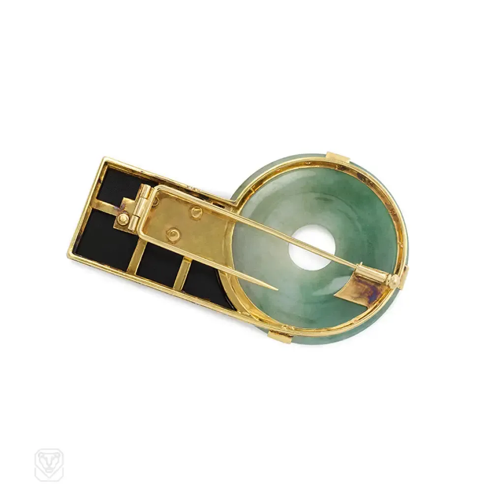 Art Deco onyx, jade, and diamond brooch