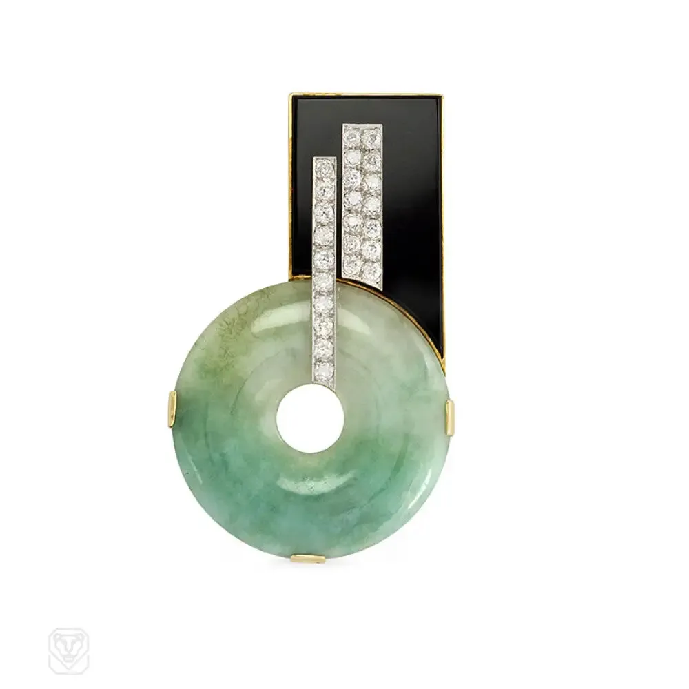 Art Deco onyx, jade, and diamond brooch