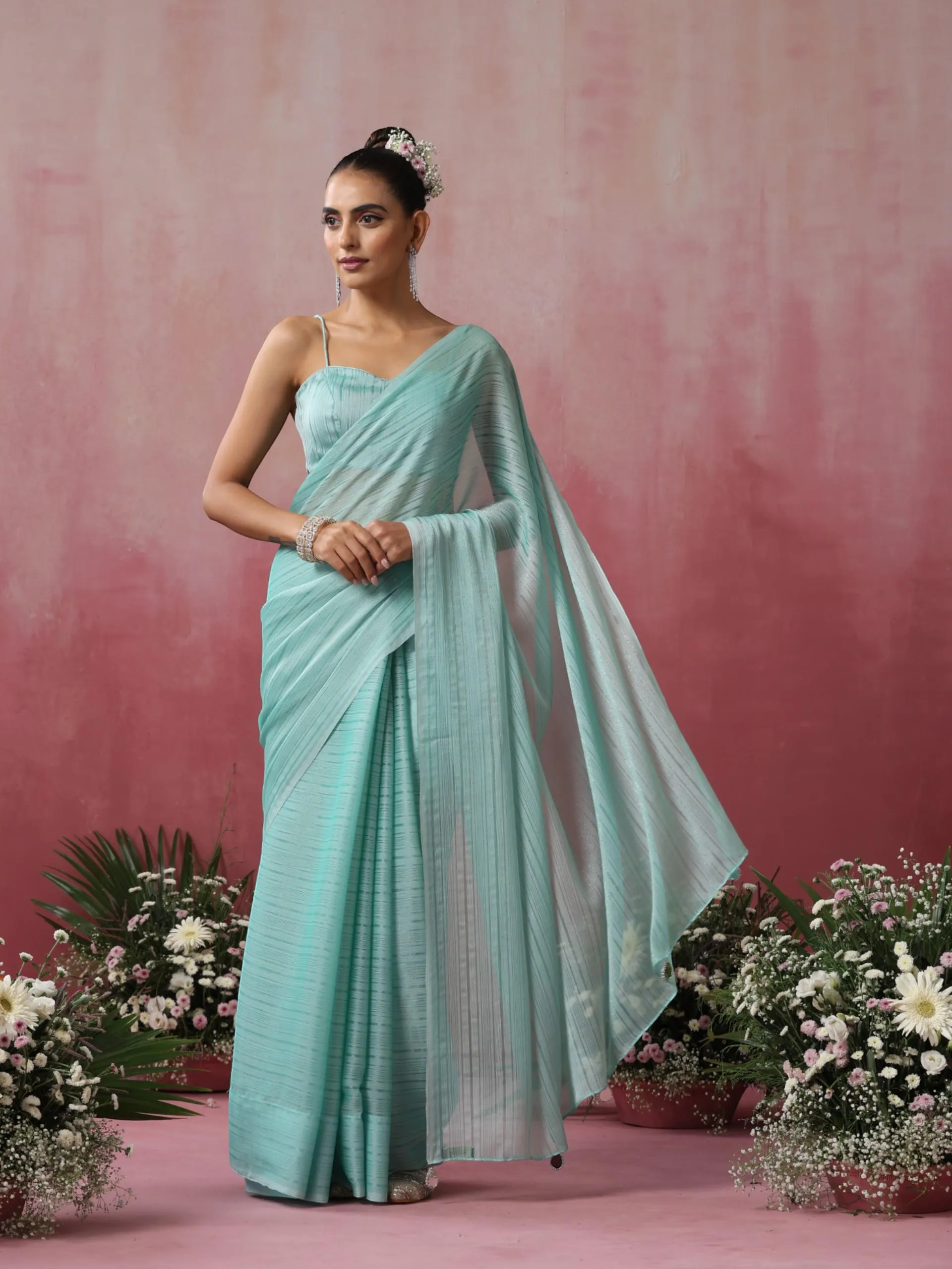 Baby Blue Striped Chiffon Saree with Pendants and Blouse Fabric