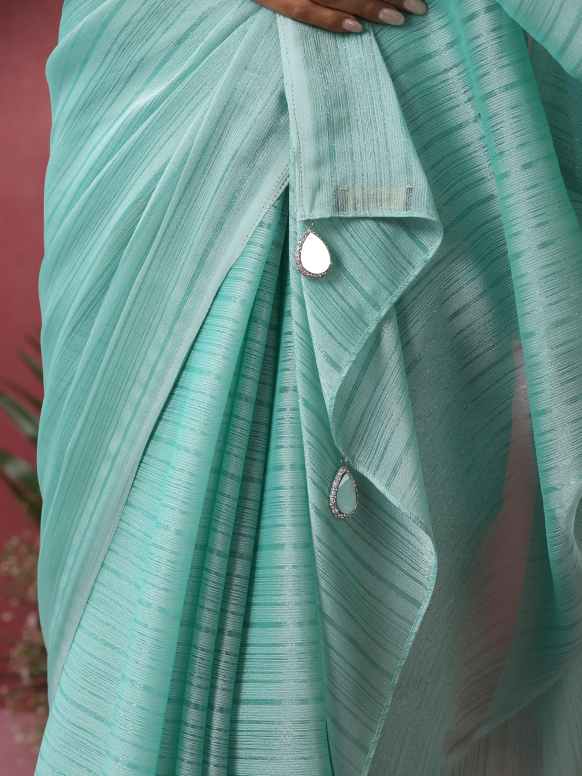 Baby Blue Striped Chiffon Saree with Pendants and Blouse Fabric