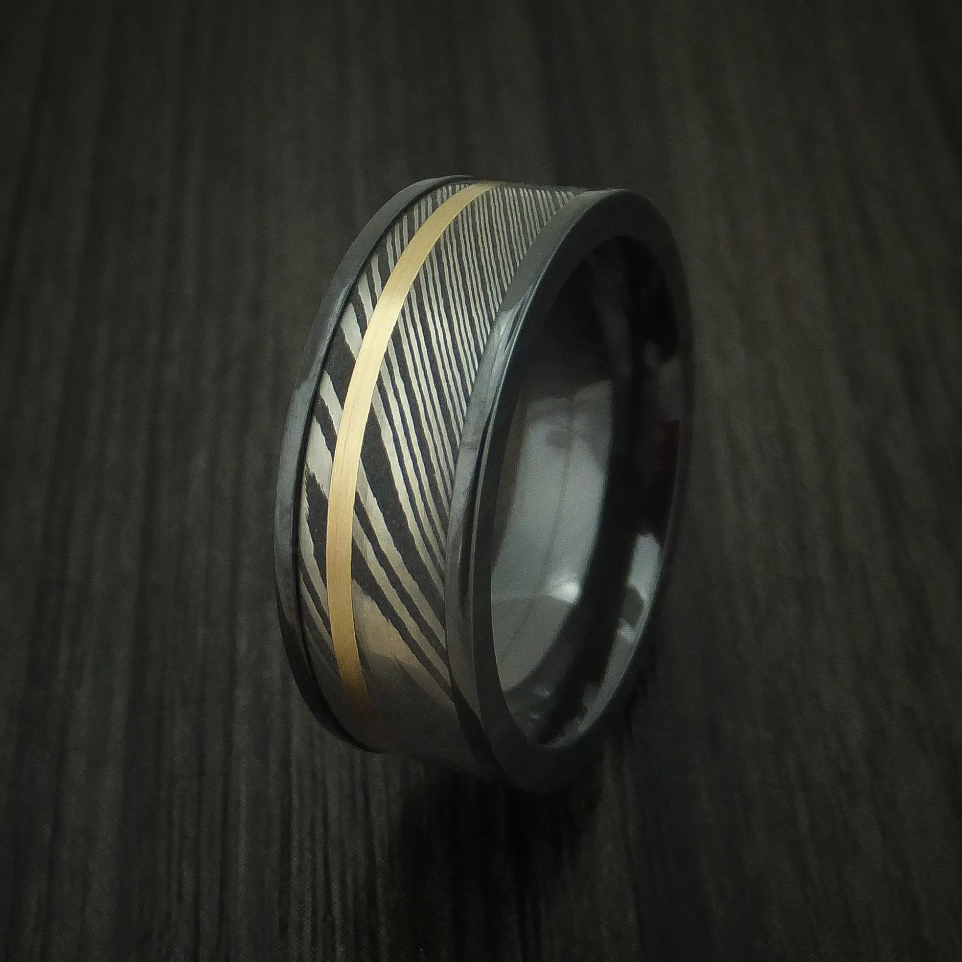 Black Zirconium And Damascus Steel Band 14K Yellow Gold Custom Made Men's Ring