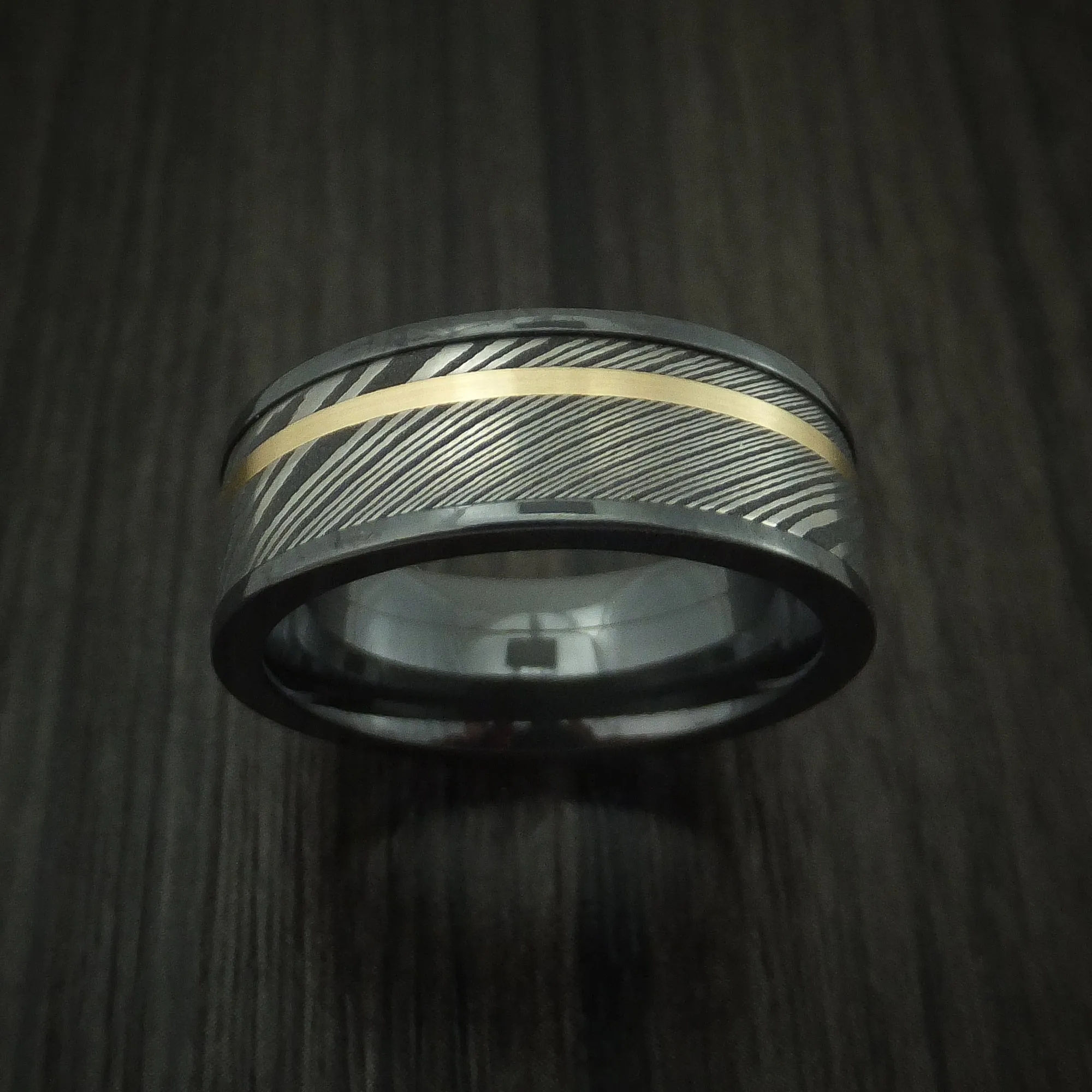 Black Zirconium And Damascus Steel Band 14K Yellow Gold Custom Made Men's Ring