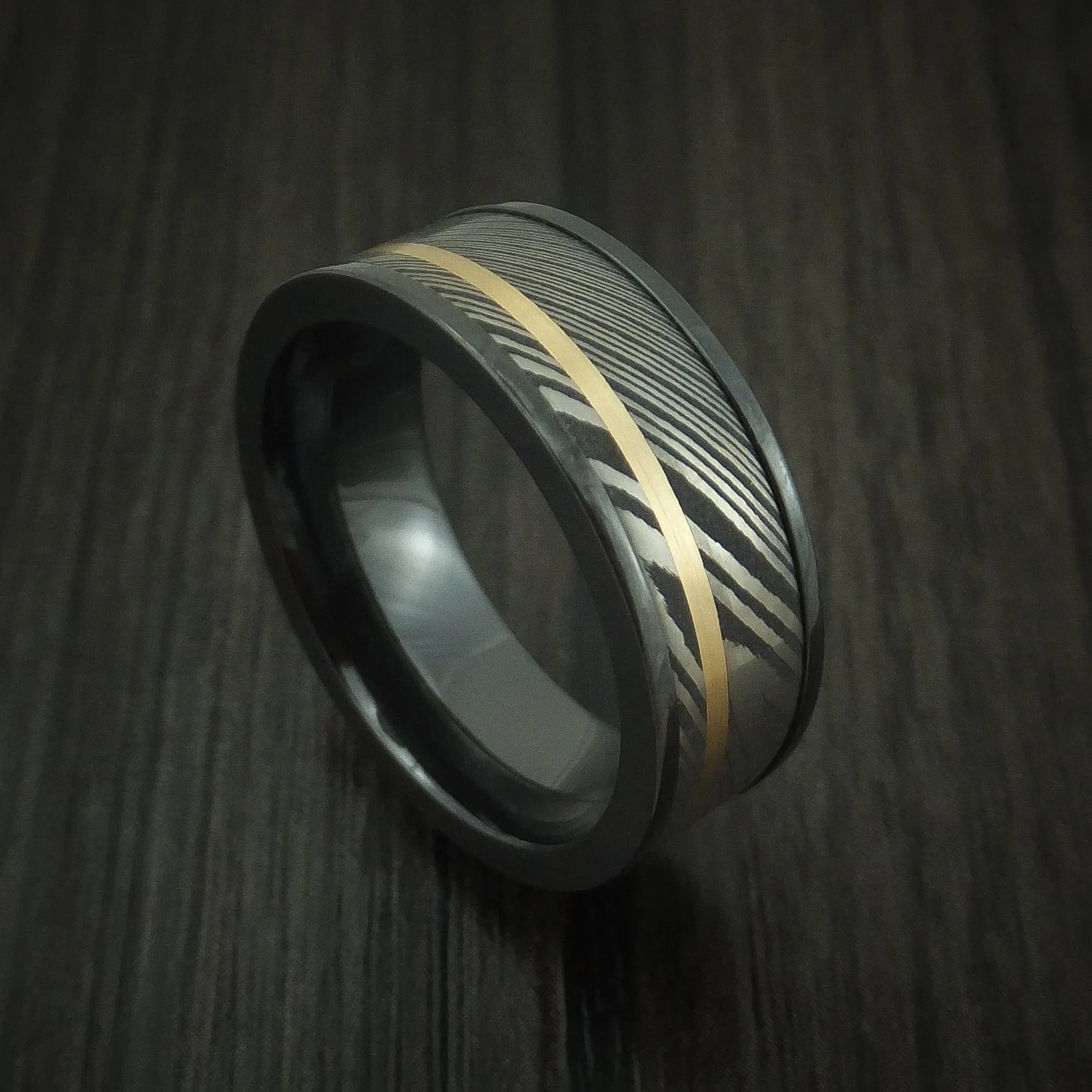 Black Zirconium And Damascus Steel Band 14K Yellow Gold Custom Made Men's Ring