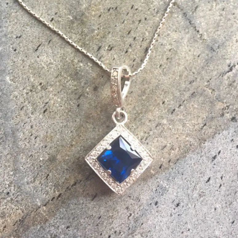 Blue Sapphire Pendant - Blue Vintage Necklace - Princess Cut Sapphire Necklace