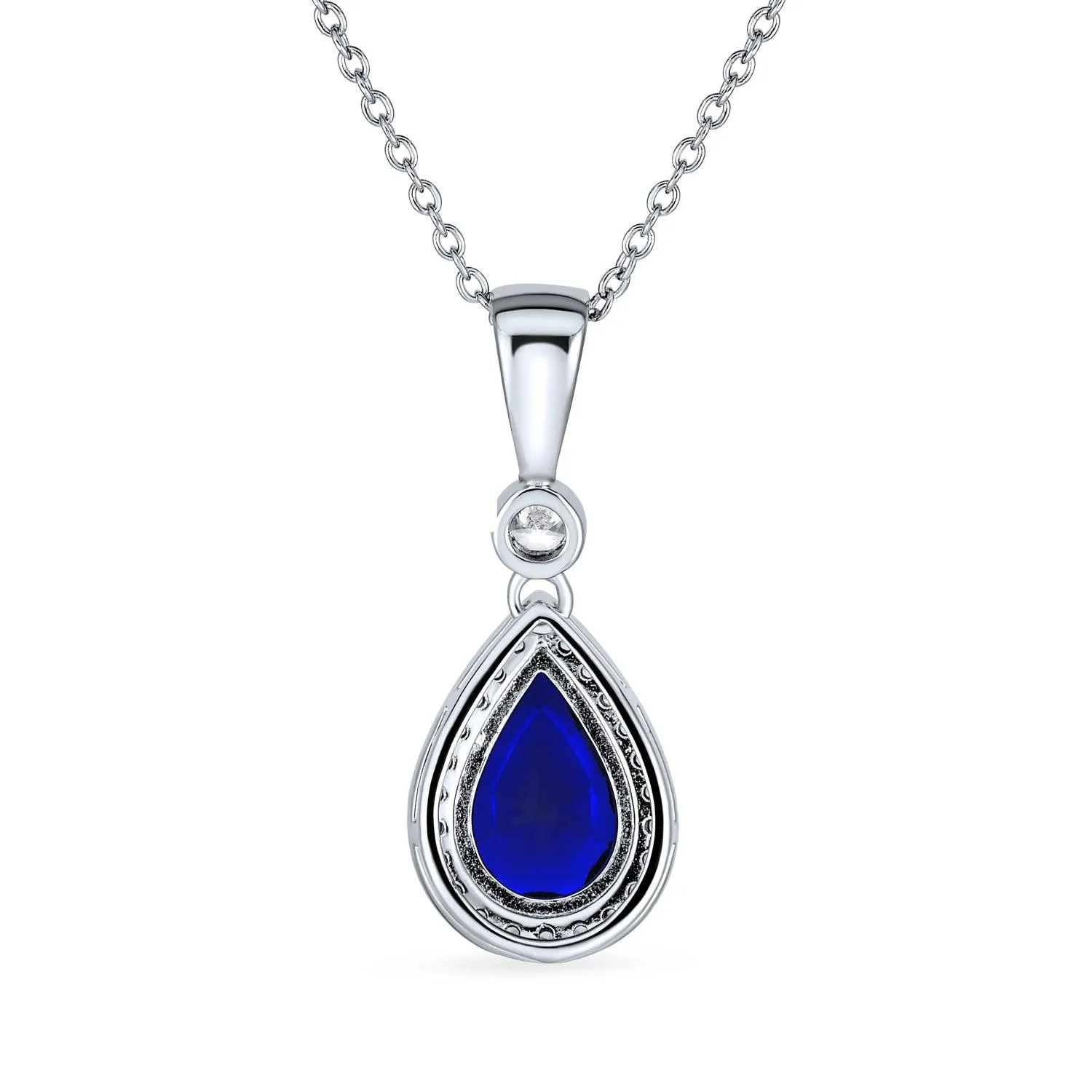 Blue Solitaire Drop Pendant Necklace Imitation Sapphire CZ Halo