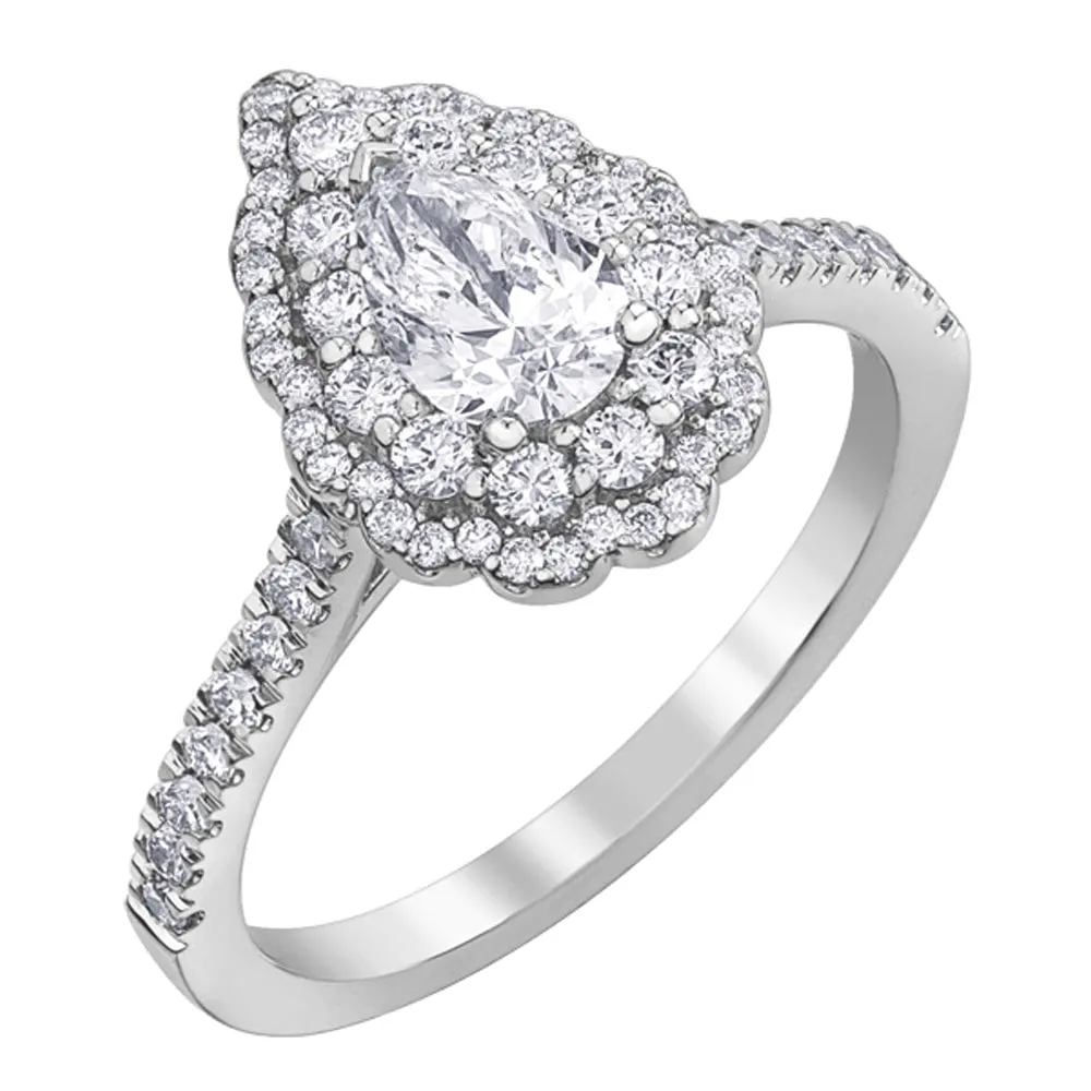 Canadian Accented Pear Shaped Diamond Ring with Double Floral Halo