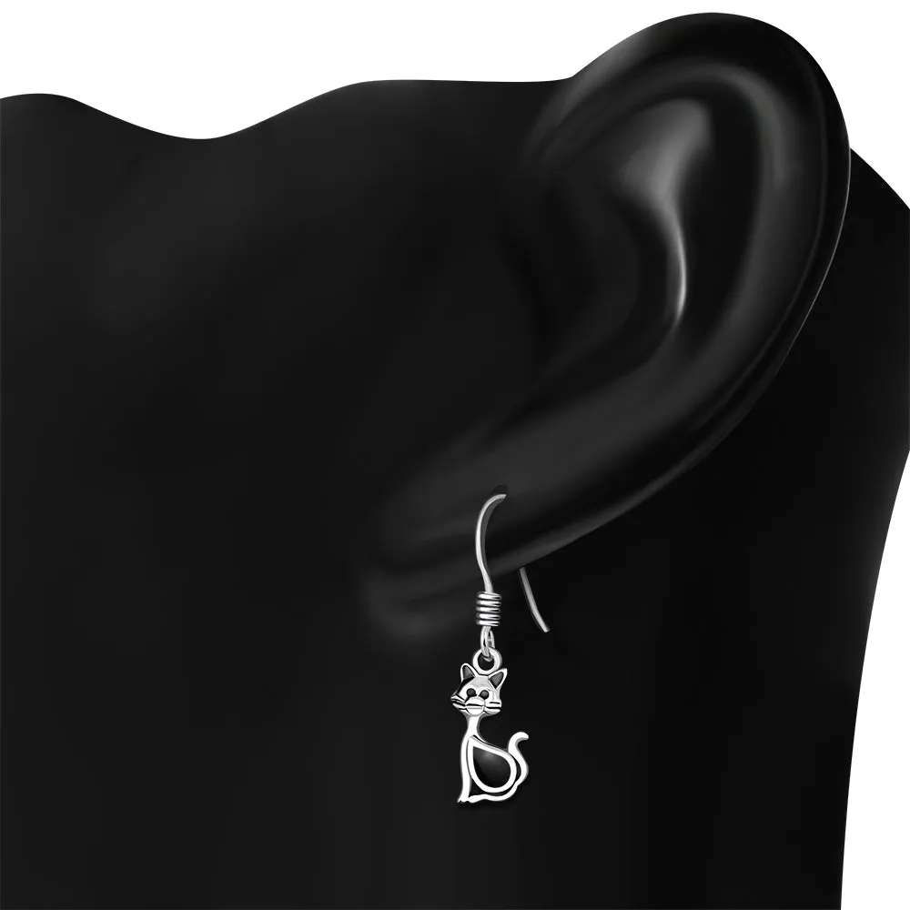 Cat Silver Earrings w Drop Shaped Black Onyx