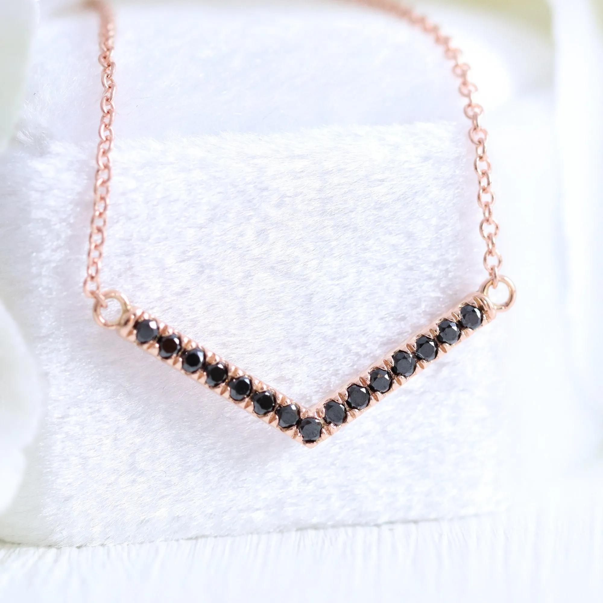 Chevron Black Diamond Necklace in 14k Gold V Shaped Drop Pendant