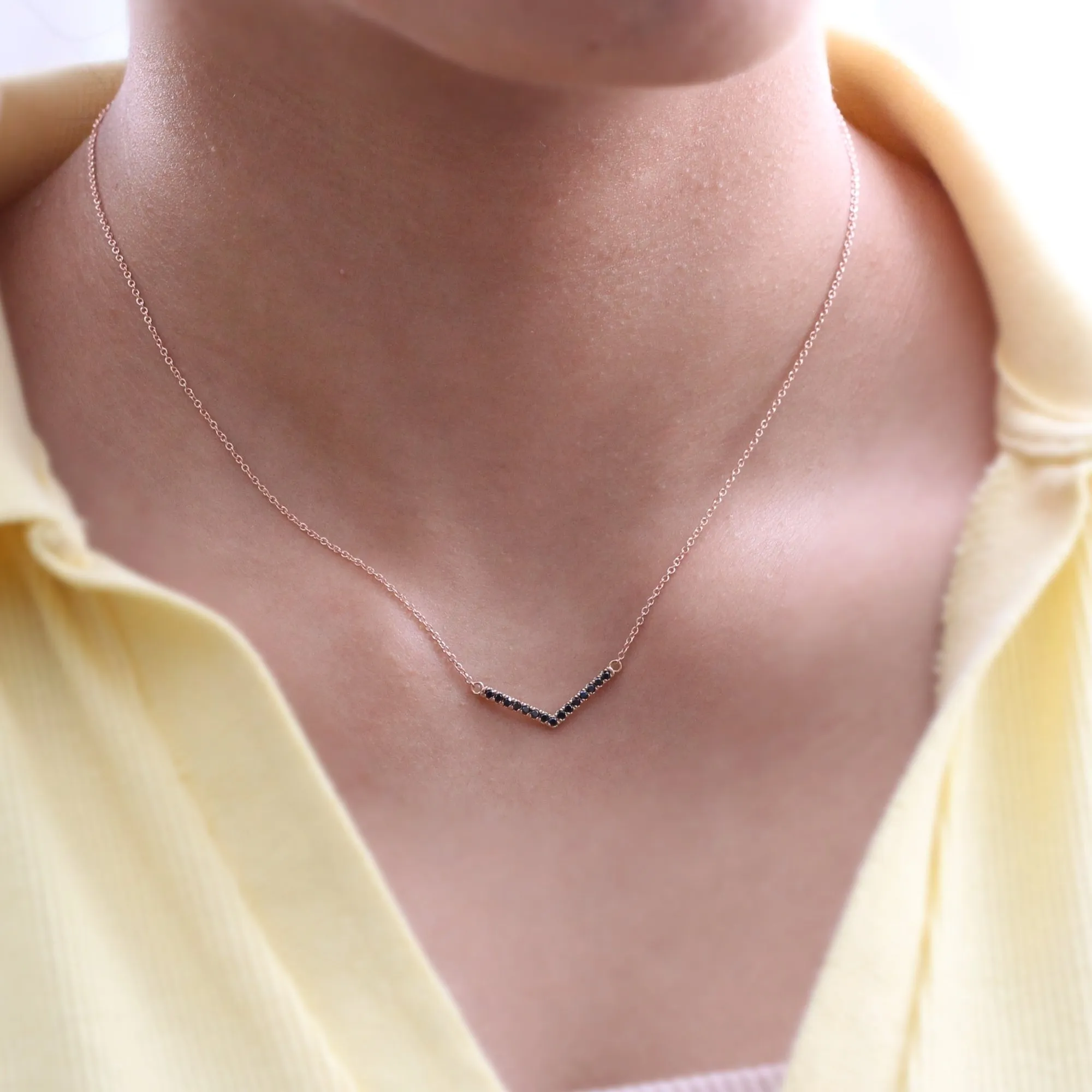 Chevron Black Diamond Necklace in 14k Gold V Shaped Drop Pendant