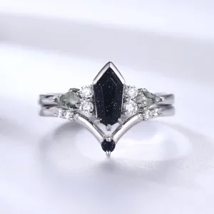 Coffin Galaxy Sandstone Ring Set White Gold Gothic Engagement Ring Unique Nebula Ring